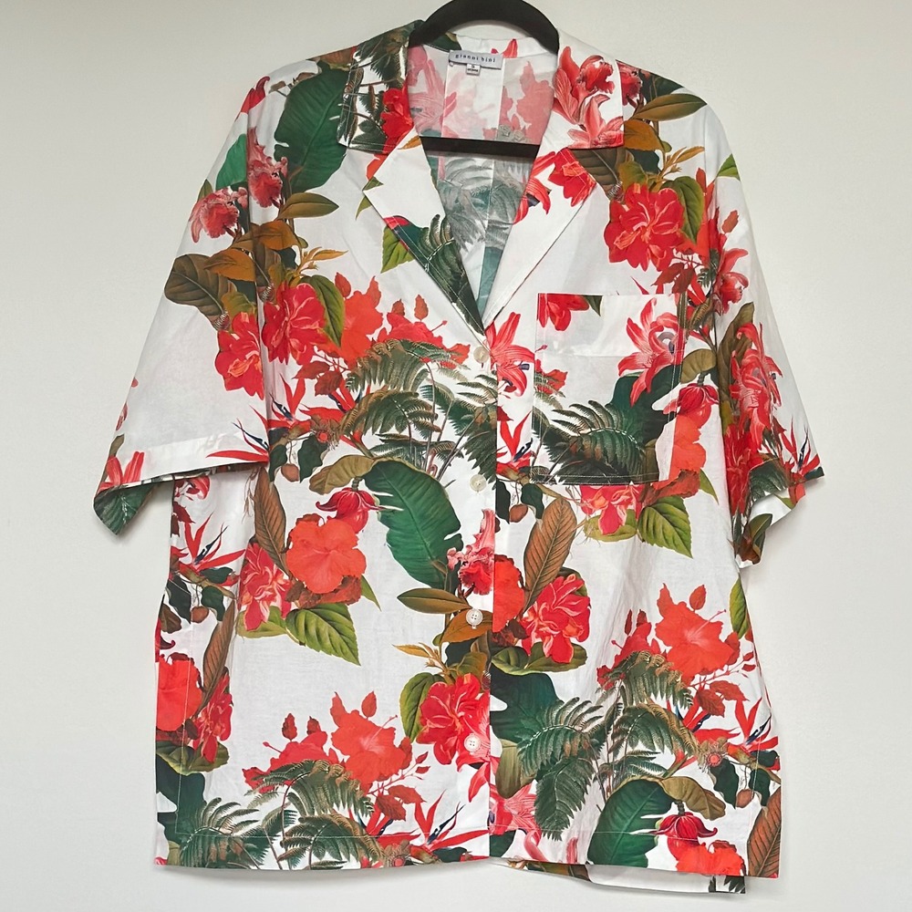 Gianni Bini Tropical Floral Cotton Button Down‎ Shirt Oversized Short Sleeve S